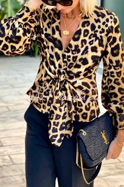 Janae Leopard Print Front Tie-up Lantern Sleeve Blouse