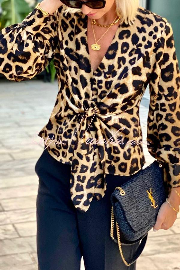 Janae Leopard Print Front Tie-up Lantern Sleeve Blouse
