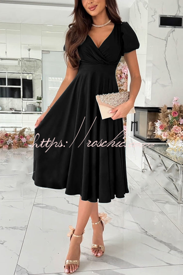 Zayla Color Puff Sleeve V-neck Waist Slim Fit Midi Dress