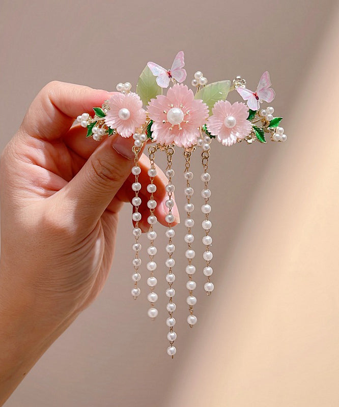 Classy Rainbow Alloy Pearl Butterfly Tassel Hairpin