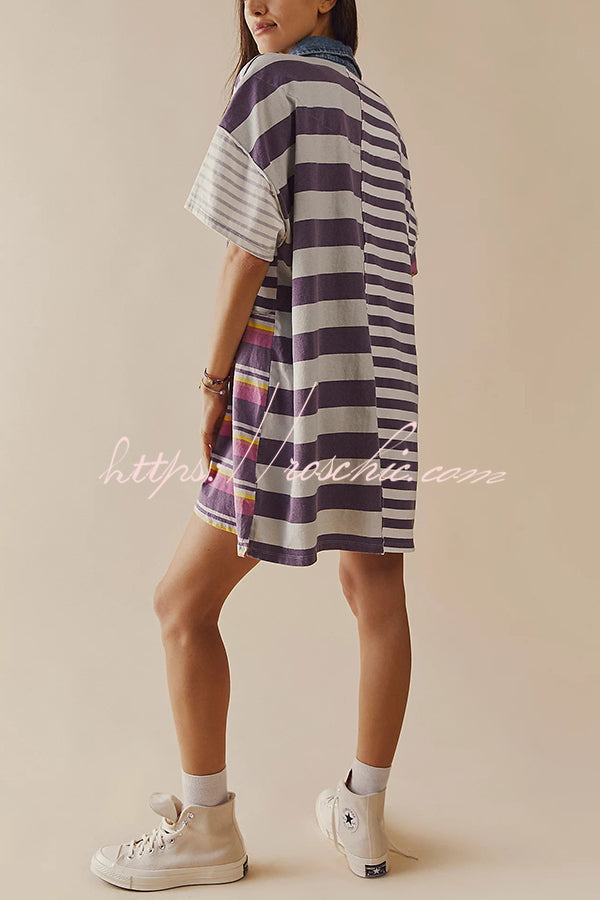 Contrast Striped Patchwork Denim Lapel Loose Mini Dress