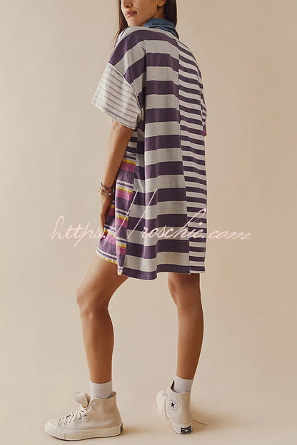 Contrast Striped Patchwork Denim Lapel Loose Mini Dress