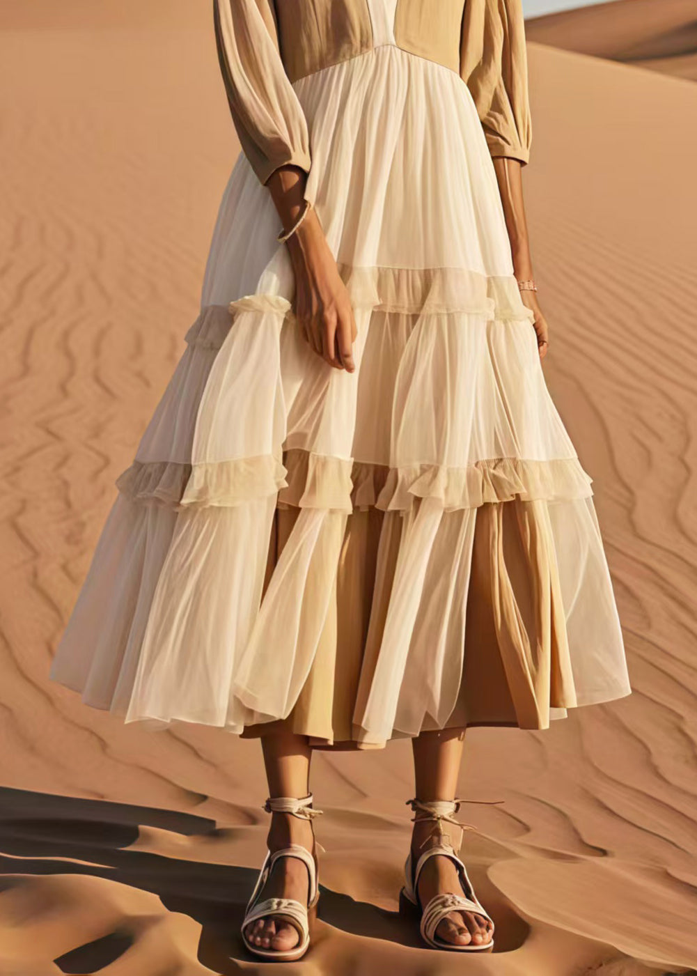 Khaki V Neck Patchwork Tulle Dress Bracelet Sleeve
