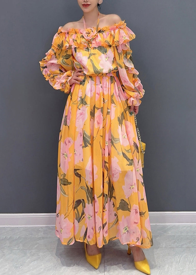Orange Slash Neck Cold Shoulder Patchwork Long Dress Long Sleeve Ao1024