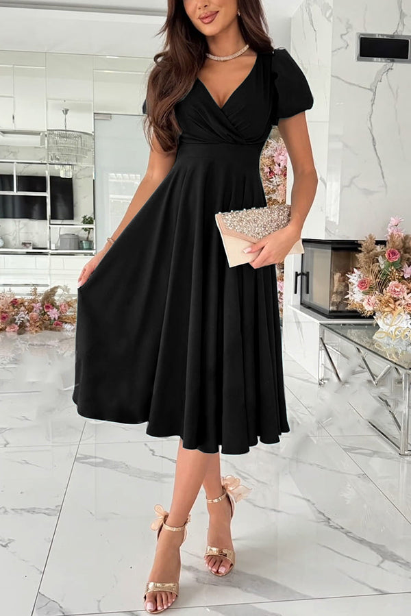 Zayla Color Puff Sleeve V-neck Waist Slim Fit Midi Dress