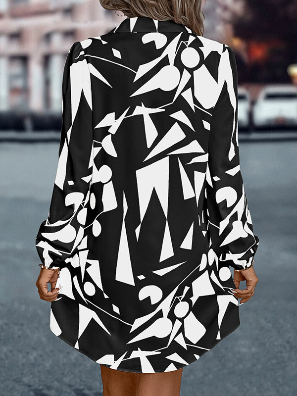 Loose Puff Sleeves Printed Split-joint Lapel Mini Dresses Shirt Dress