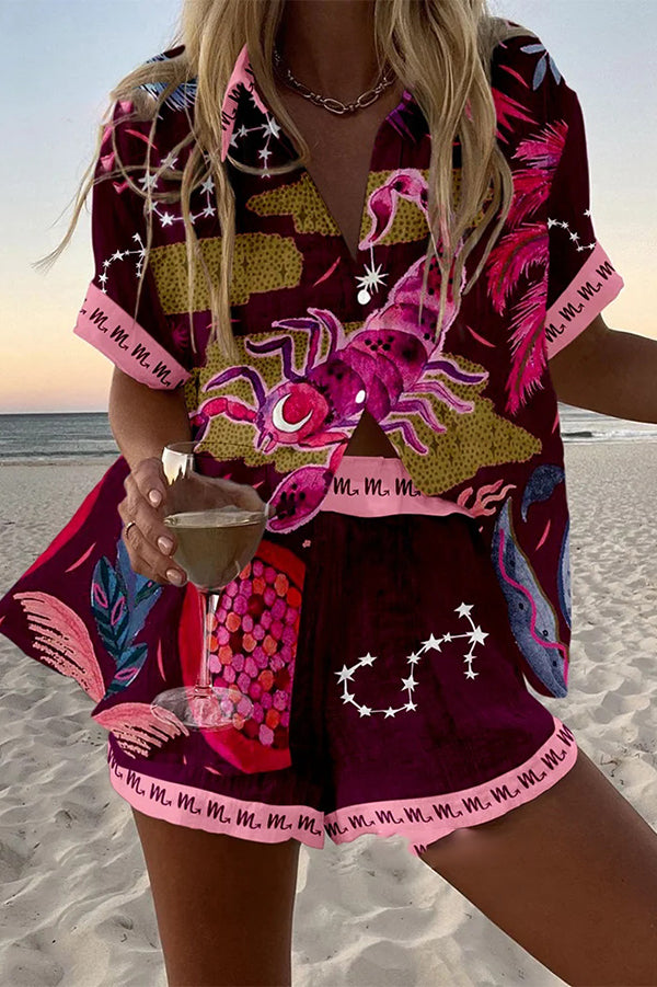 Scorpion Print Loose Button Elastic Waist Shorts Set