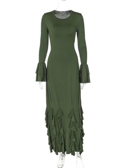 Bandage Ruffled Slim Maxi Dress ’s Patchwork Lace-up Bodycon Dress Female Autumn Long Dress