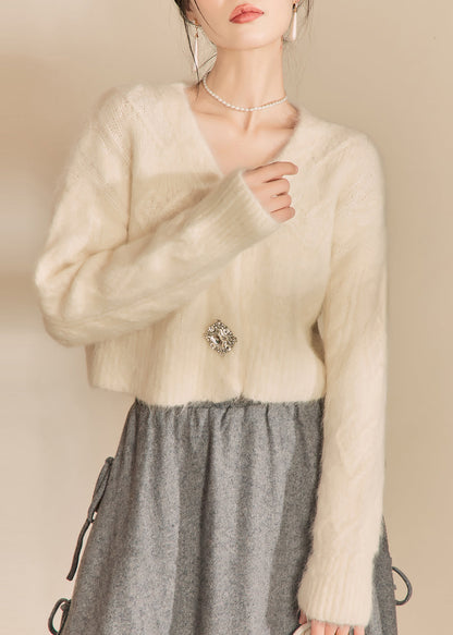 White V Neck Woolen Short Cardigans Fall Wv014