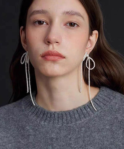 White Alloy Bow Beading Tassel Drop Earrings