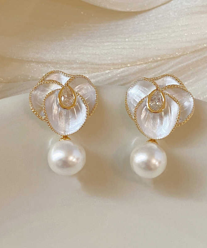 White Sterling Silver Overgild Zircon Pearl Camellia Flower Drop Earrings