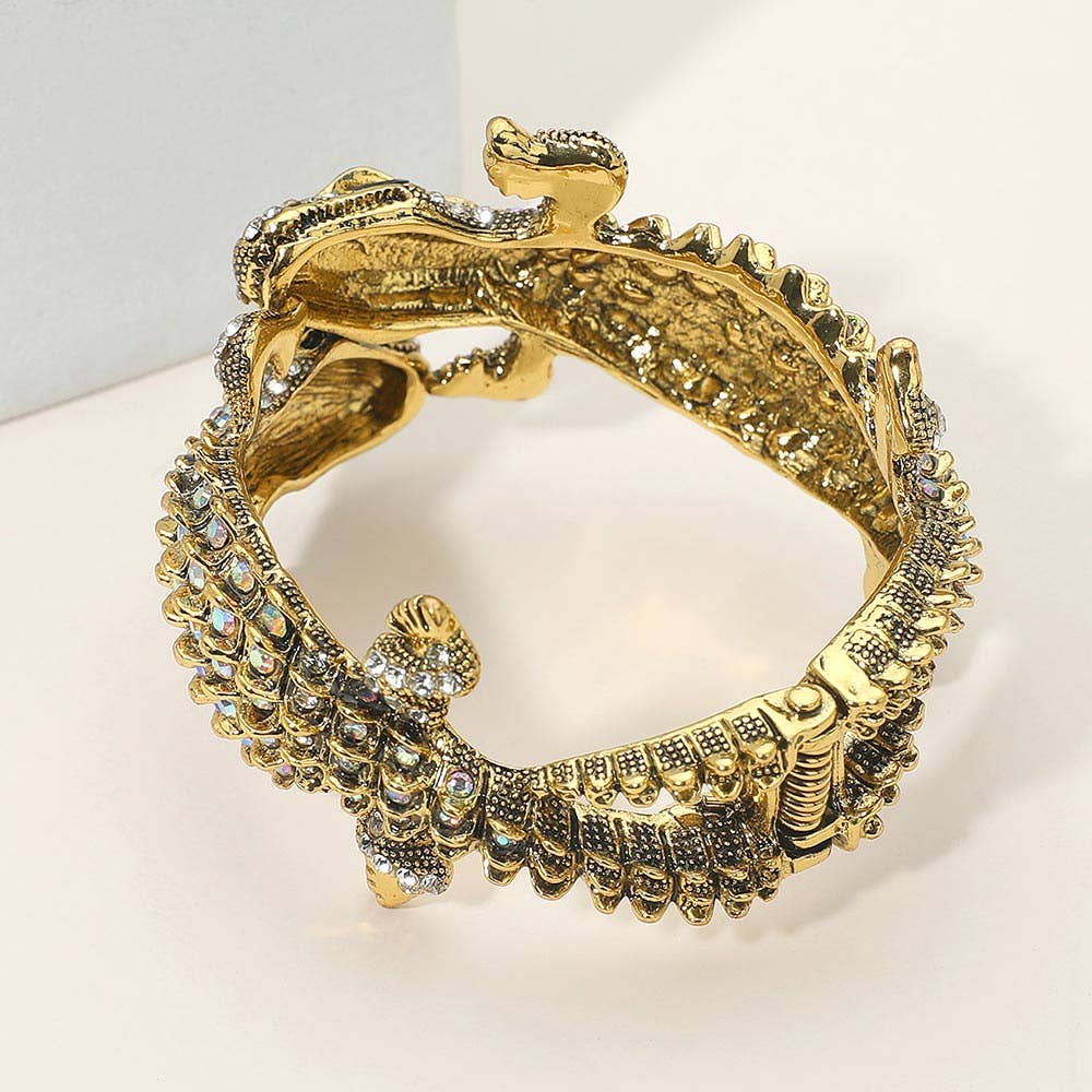 Double Crocodile/alligator Evening Hinged Cuff Bracelet: Ab Gold