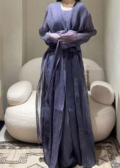 Style Dark Purple Patchwork Tie Waist Tulle Long Dresses Long Sleeve Tt1018