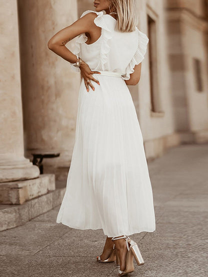 Loose Sleeveless Pleated Color Split-joint Tied Waist V-neck Maxi Dresses
