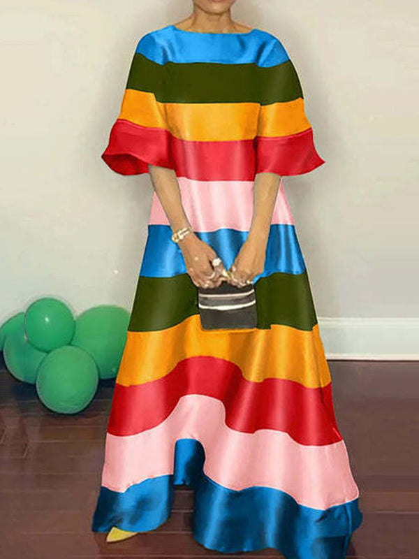 Flared Sleeves Half Sleeves Backless Contrast Color Multi-colored Striped Round-neck Maxi Dresses