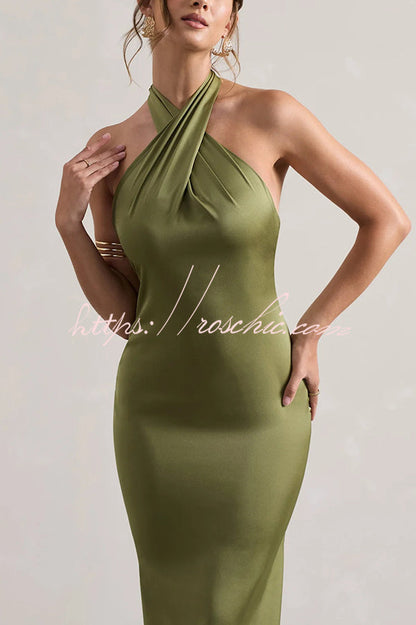Color Halter Neck Tie Backless Slim Maxi Dress