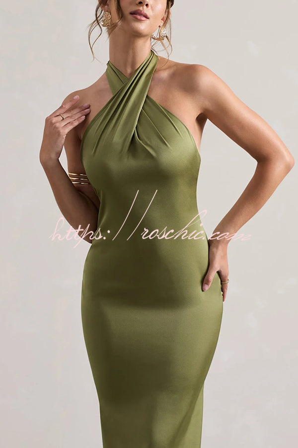 Color Halter Neck Tie Backless Slim Maxi Dress