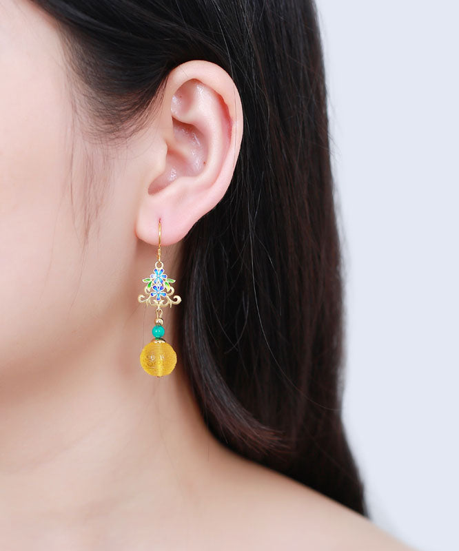 Art Yellow Sterling Silver Inlaid Amber Turquoise Drop Earrings
