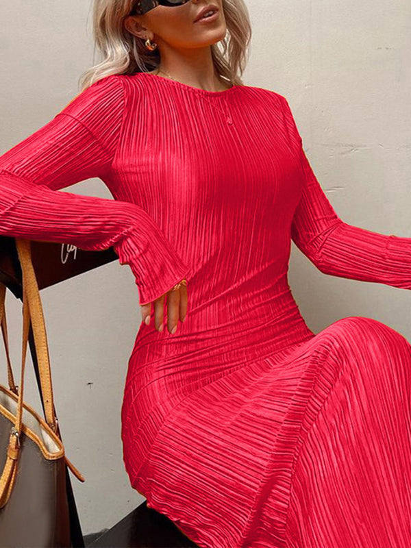 Long Sleeves Skinny Pleated Color Split-joint Round-neck Maxi Dresses