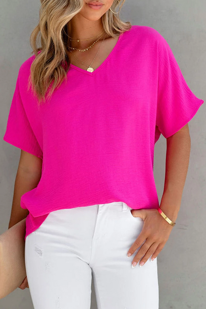 Color V Neck Short Sleeve Blouse