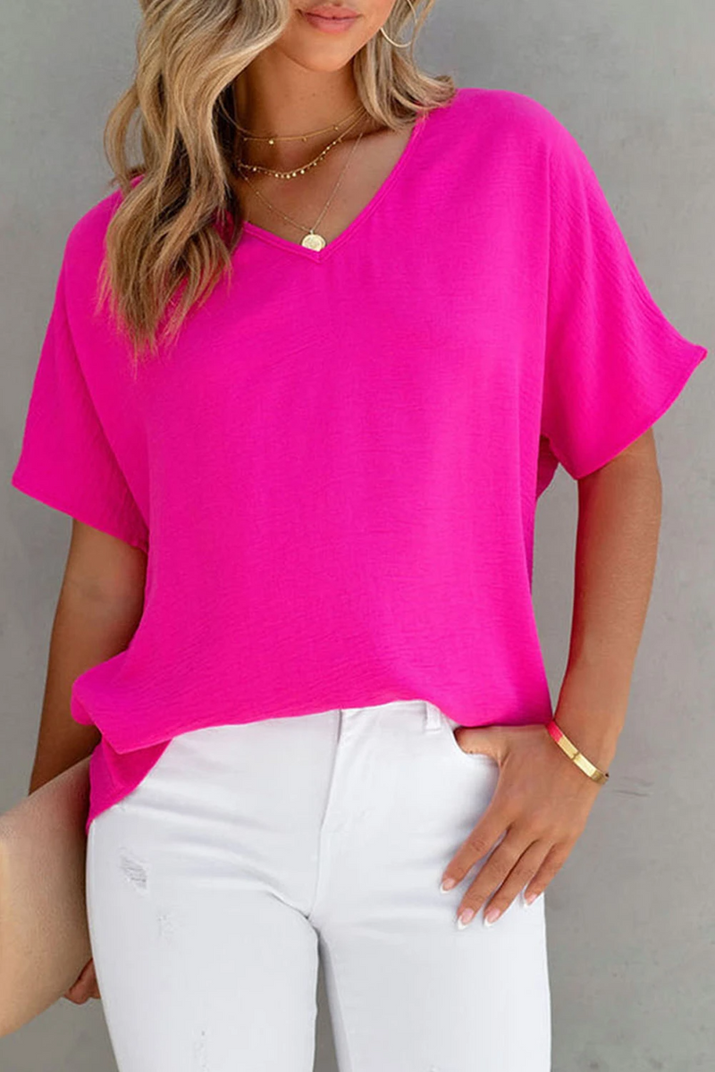 Color V Neck Short Sleeve Blouse