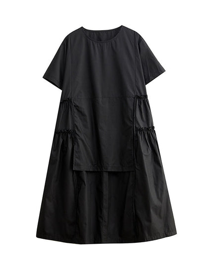 Loose Short Sleeves Color Split-joint Round-neck Midi Dresses
