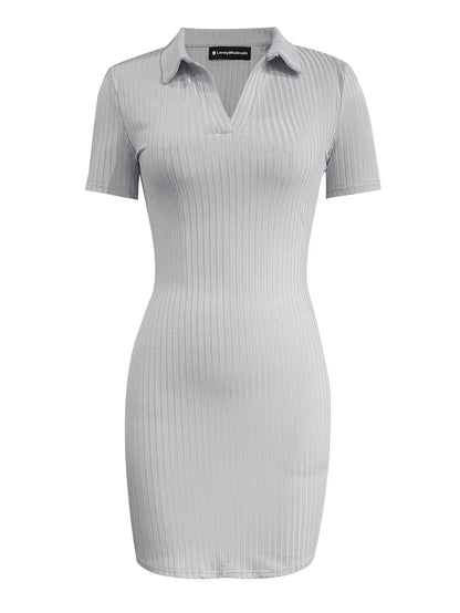 Turndown Collar Color Slim T-shirt Dress Female Skinny Stretchy Short Sleeve Gray Mini Dress
