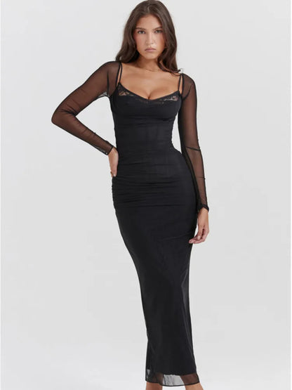 Long Sleeve Mesh Patchwork Lace Double Layer Midi Dress for Autumn Party Clubwear Long Dress