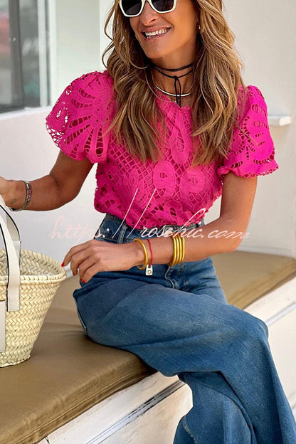 Here Comes the Sun Crochet Lace Puff Sleeve Blouse
