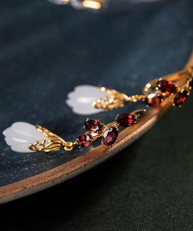 Mulberry Stainless Steel Glass Inlaid Jade Garnet Drop Earrings