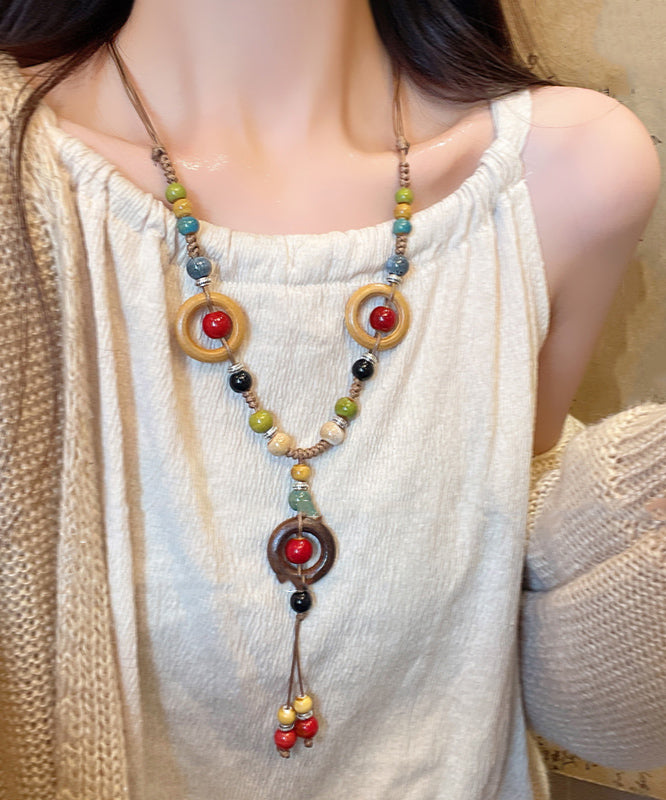 Rainbow Nylon Rope Ceramic Beads Pendant Necklace