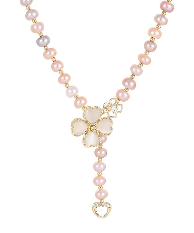 Champagne Alloy Pearl Zircon Lariat Necklace