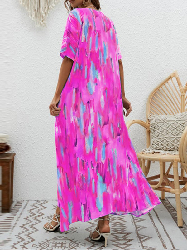 Loose Short Sleeves Contrast Color High-waisted Printed V-neck Maxi Dresses