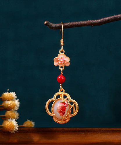 Unique Pink Copper Overgild Jade Enamel Lotus Drop Earrings