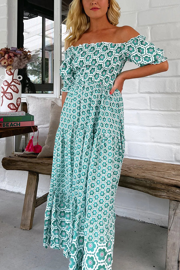 Print Off-the-shoulder Puff-sleeve Pleated Maxi Dress