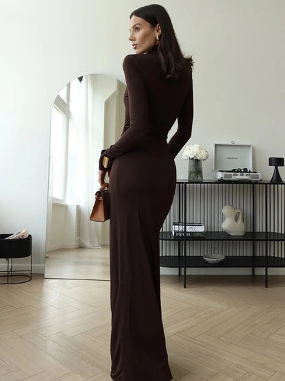 Turtleneck Thigh High Split Maxi Dress for Long Sleeve Draped Bandage Bodycon Club Long Dress