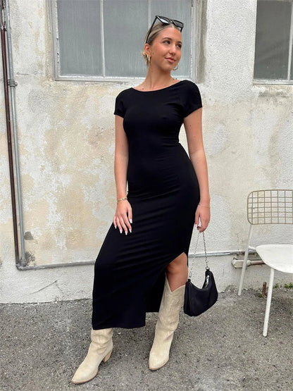 Backless Slin Female Dress Short Sleeve Side Split Basic Y2k Dress for Maxi Dress
