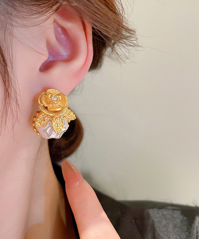 Stylish Gold Alloy Zircon Pearl Stud Earrings