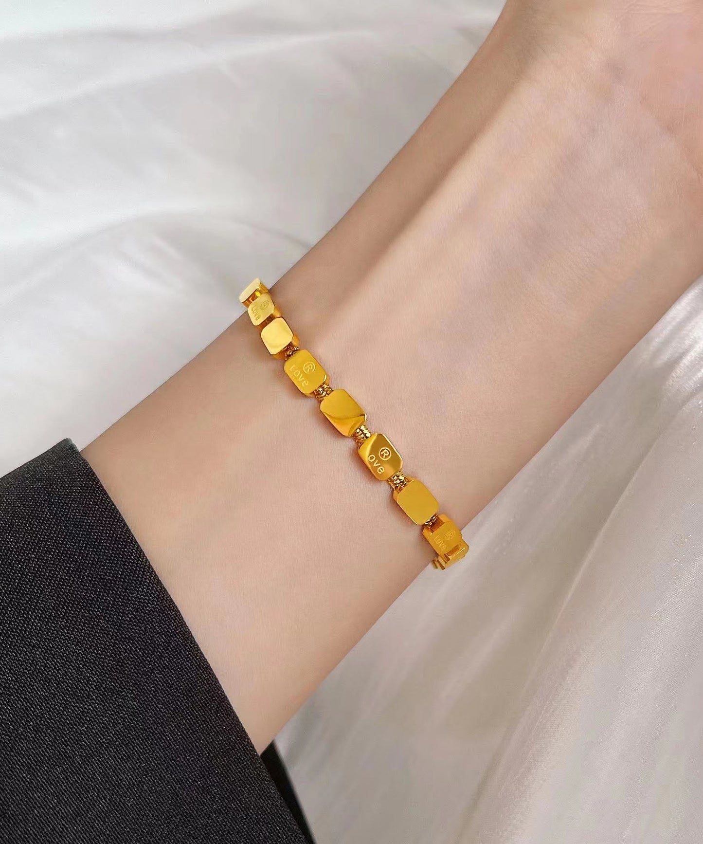 Gold Stainless Steel Love Square Snake Bone Chain Bracelet