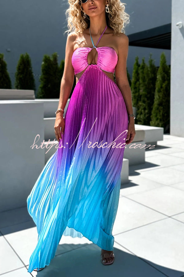 Get Ready Gradient Print Cutout Halterneck Pleated Maxi Dress