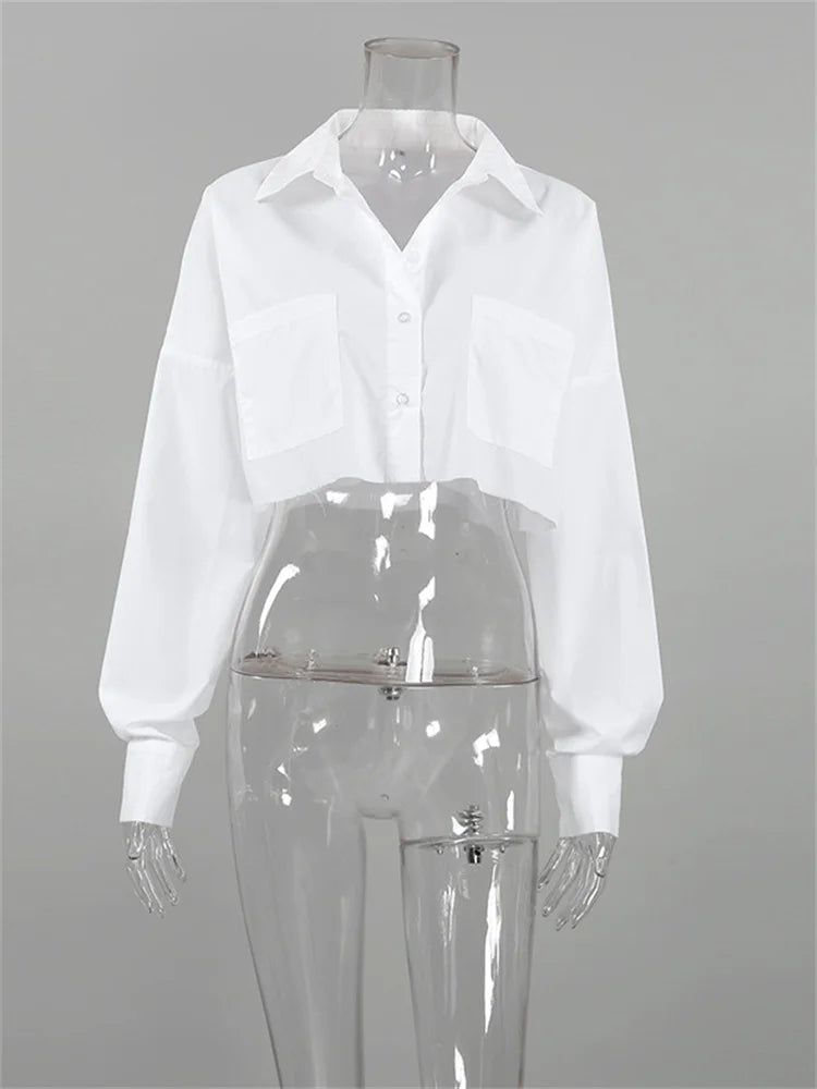 Lapel Pocket Shirts for Long Sleeve Loose Patchwork Crop Top Y2k Outfit High Street Cardigan Blouse