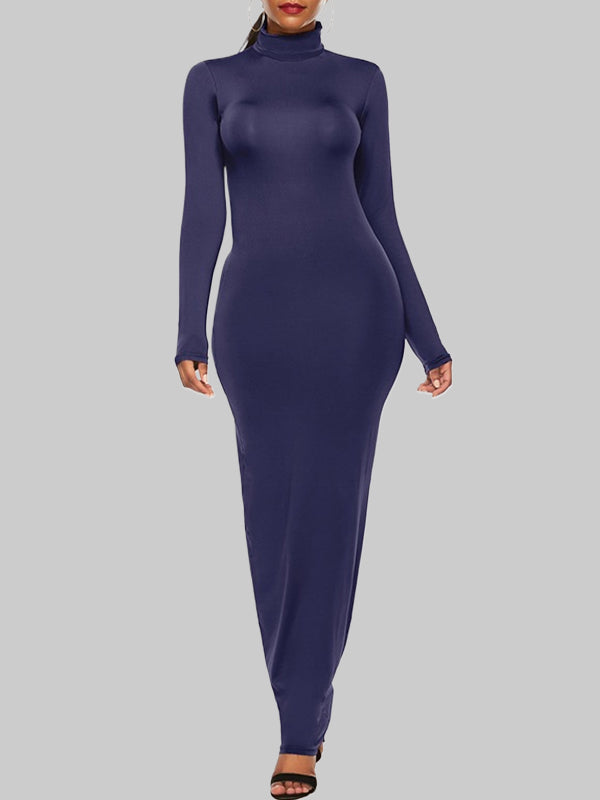Bodycon Long Sleeves Color High Neck Maxi Dresses