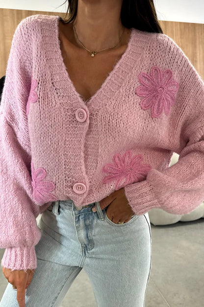 Embroidered V-neck Long-sleeved Button-knit Cardigan