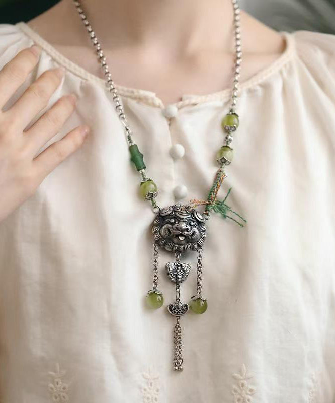 Green Sterling Silver Jade Tassel Lariat Necklace