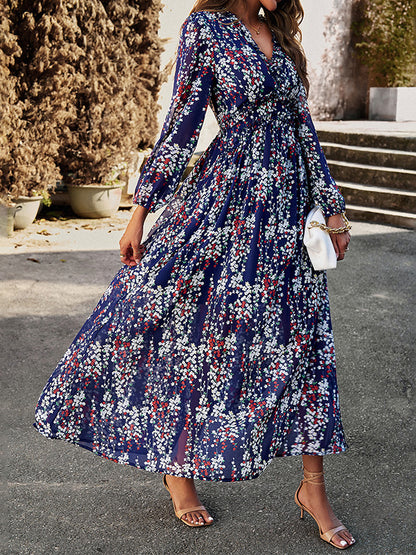 A-line High Waisted Flower Print Ruffled Split-joint Deep V-neck Maxi Dresses