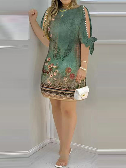 Loose Short Sleeves Hollow Printed Split-joint Round-neck Mini Dresses