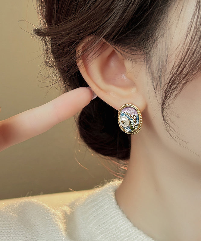 Gold Copper Alloy Pearl Enamel Stud Earrings