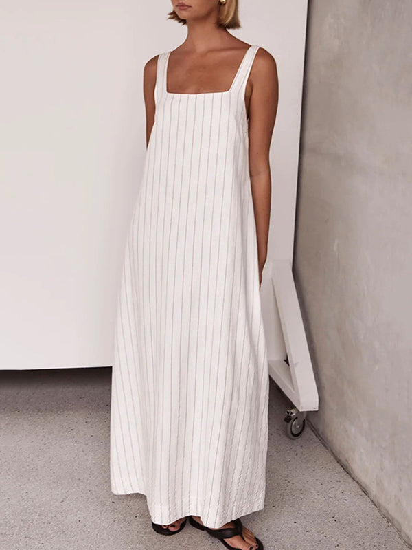 A-line Loose Striped Square-neck Maxi Dresses