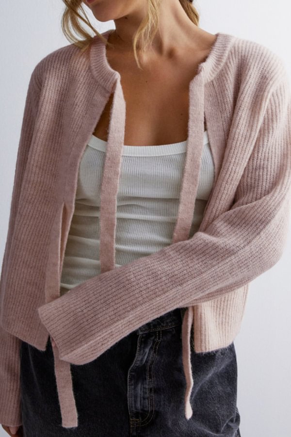 Color Loose Long Sleeve Lace-up Knitted Cardigan