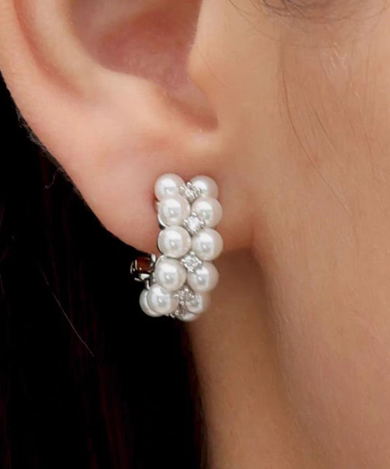 White Sterling Silver Zircon Double-layer Pearl Hoop Earrings